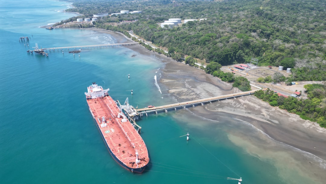 Red cargo ship docked at pier along a forested coastline.
